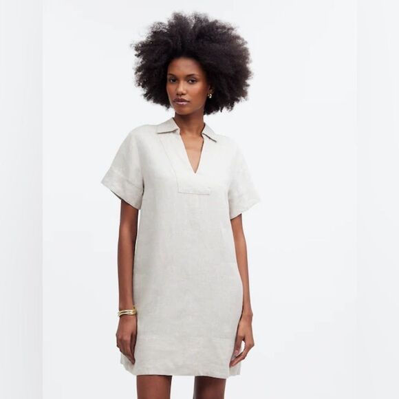 Madewell V-Neck Mini Dress in 100% Linen Size XXS in Natural Linen NWT - Picture 1 of 14